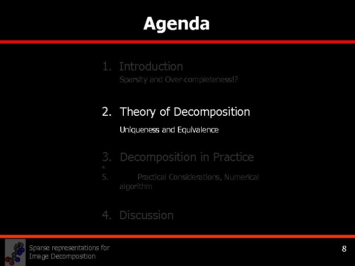 Agenda 1. Introduction Sparsity and Over-completeness!? 2. Theory of Decomposition Uniqueness and Equivalence 3.