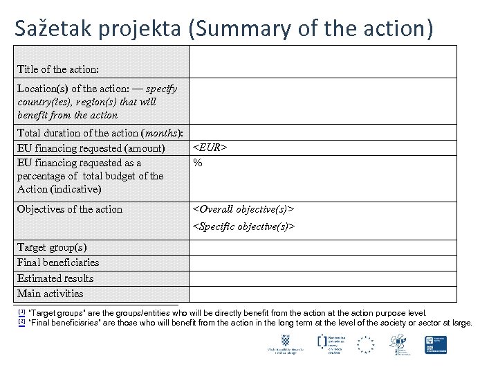 Sažetak projekta (Summary of the action) Title of the action: Location(s) of the action:
