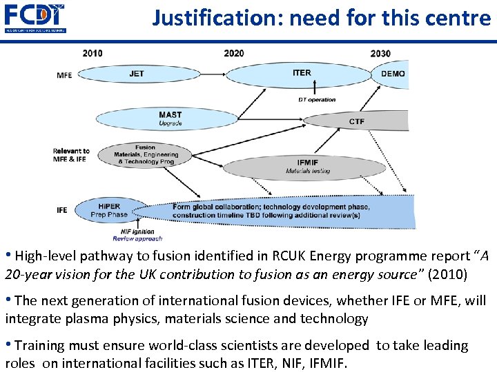 Justification: need for this centre • High-level pathway to fusion identified in RCUK Energy