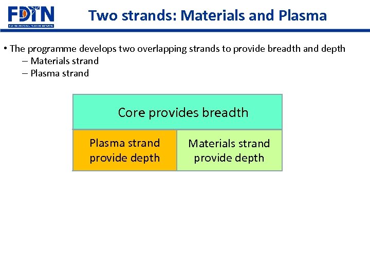 Two strands: Materials and Plasma • The programme develops two overlapping strands to provide