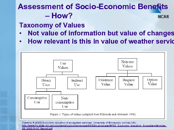 Assessment of Socio-Economic Benefits – How? Taxonomy of Values • Not value of information