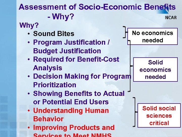 Assessment of Socio-Economic Benefits - Why? No economics • Sound Bites needed • Program