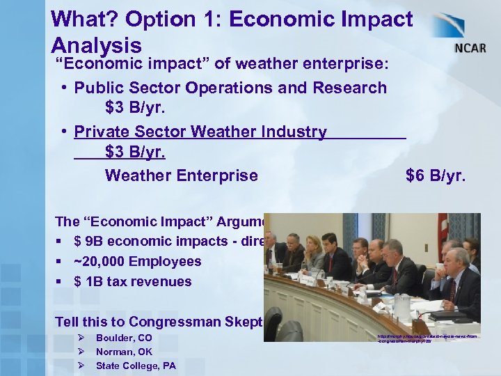 What? Option 1: Economic Impact Analysis “Economic impact” of weather enterprise: • Public Sector