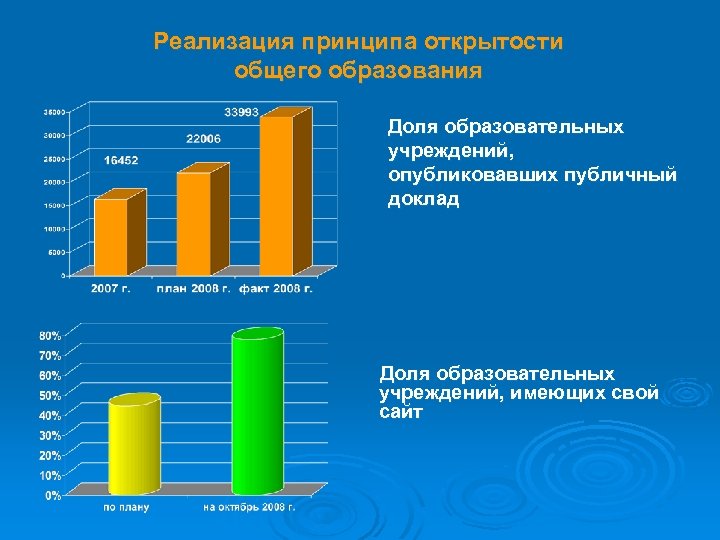 Реализация принципа открытости общего образования Доля образовательных учреждений, опубликовавших публичный доклад Доля образовательных учреждений,