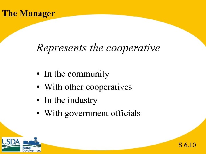 The Manager Represents the cooperative • • In the community With other cooperatives In