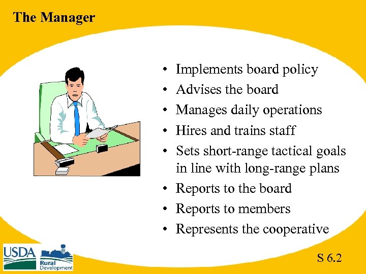 The Manager • • • Implements board policy Advises the board Manages daily operations