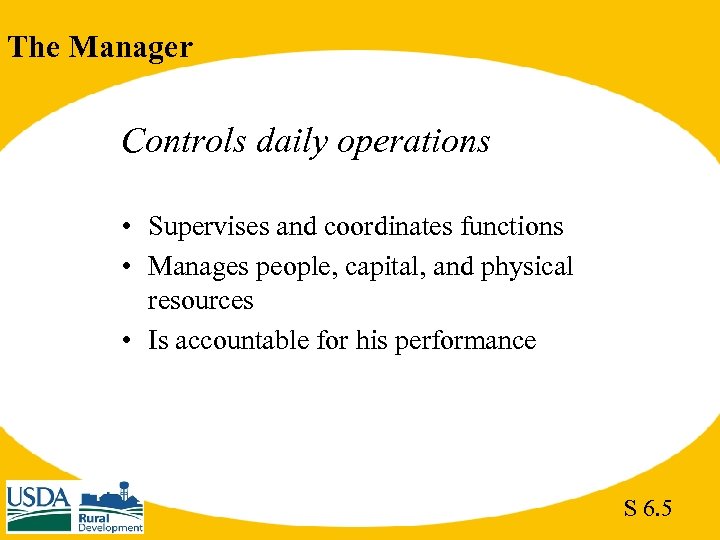 The Manager Controls daily operations • Supervises and coordinates functions • Manages people, capital,