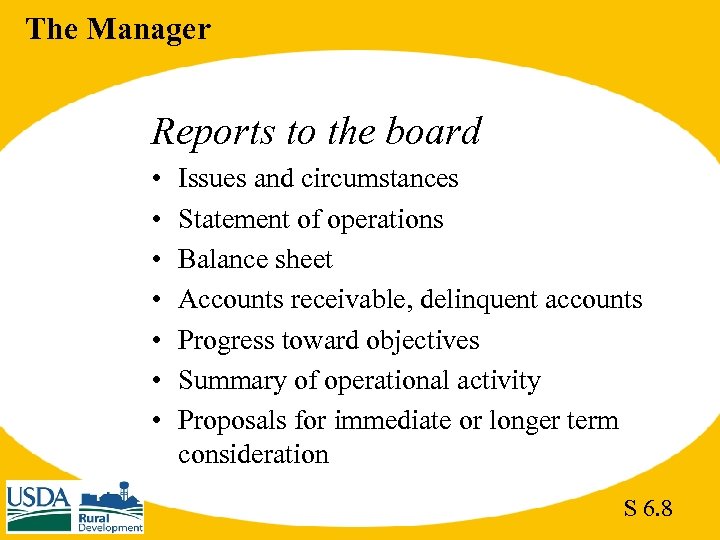 The Manager Reports to the board • • Issues and circumstances Statement of operations