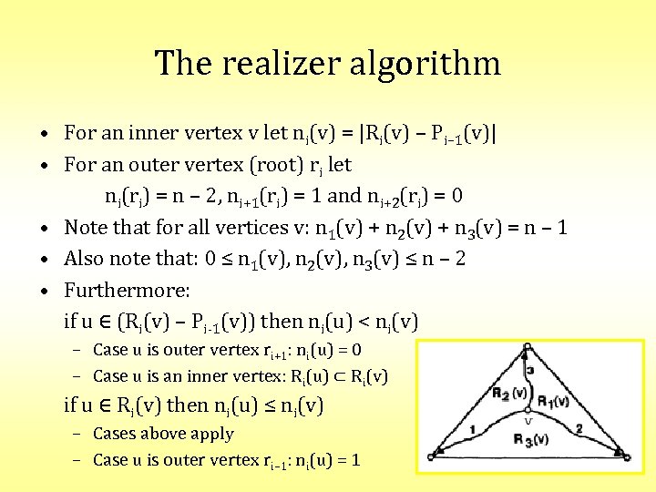 The realizer algorithm • For an inner vertex v let ni(v) = |Ri(v) –