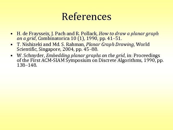References • H. de Fraysseix, J. Pach and R. Pollack, How to draw a