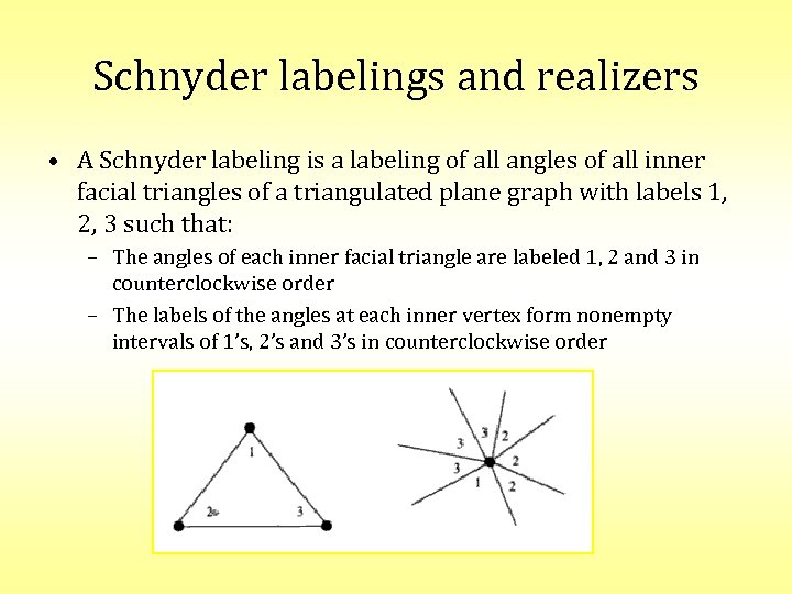 Schnyder labelings and realizers • A Schnyder labeling is a labeling of all angles