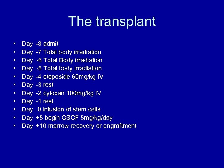 The transplant • • • Day Day Day -8 admit -7 Total body irradiation