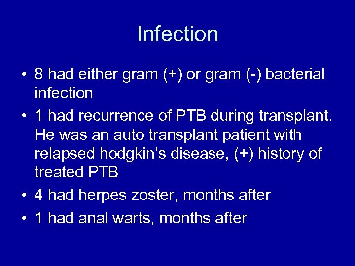 Infection • 8 had either gram (+) or gram (-) bacterial infection • 1