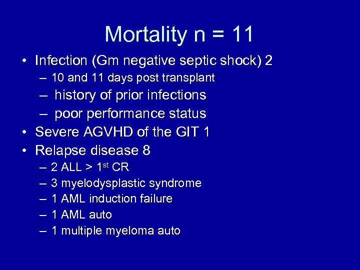 Mortality n = 11 • Infection (Gm negative septic shock) 2 – 10 and