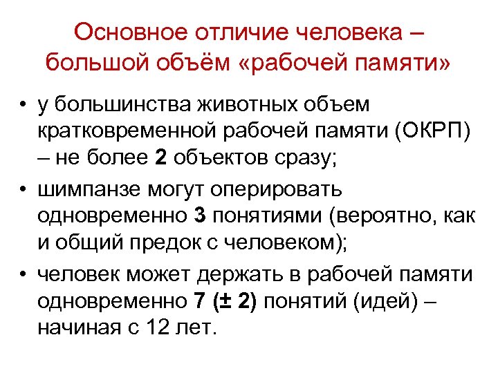Основное отличие человека – большой объём «рабочей памяти» • у большинства животных объем кратковременной