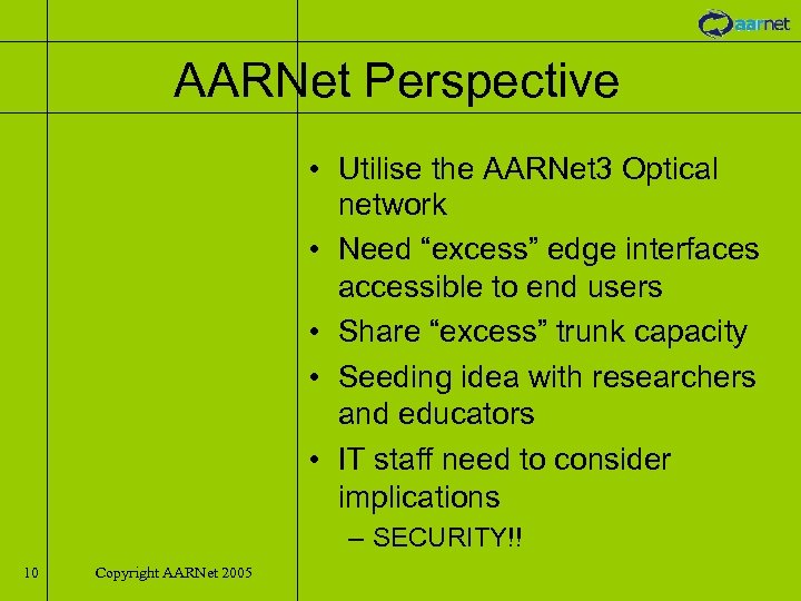 AARNet Perspective • Utilise the AARNet 3 Optical network • Need “excess” edge interfaces