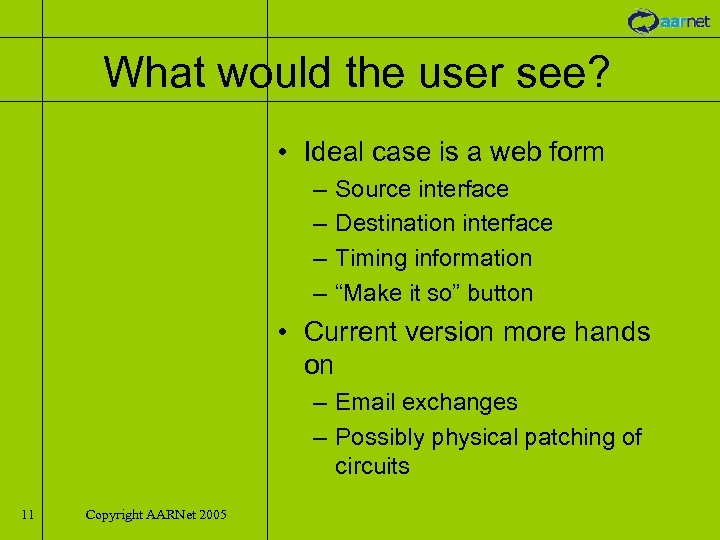 What would the user see? • Ideal case is a web form – –