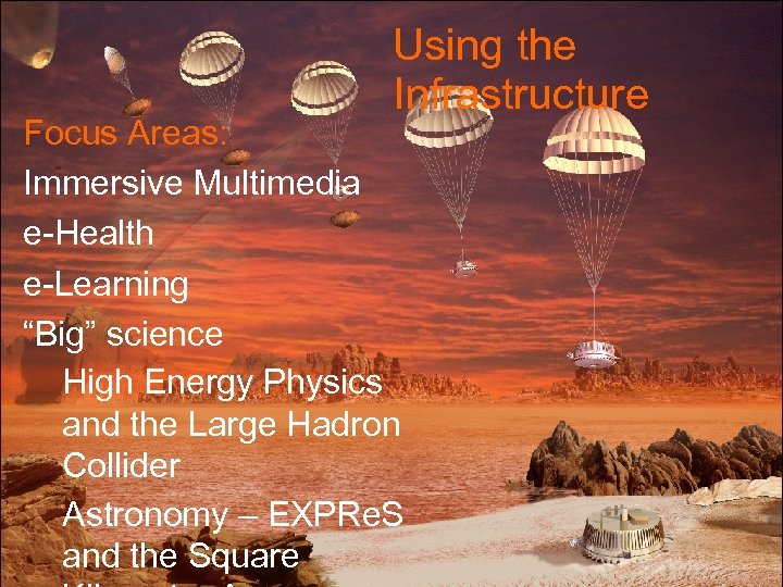 Using the Infrastructure Focus Areas: Immersive Multimedia e-Health e-Learning “Big” science High Energy Physics