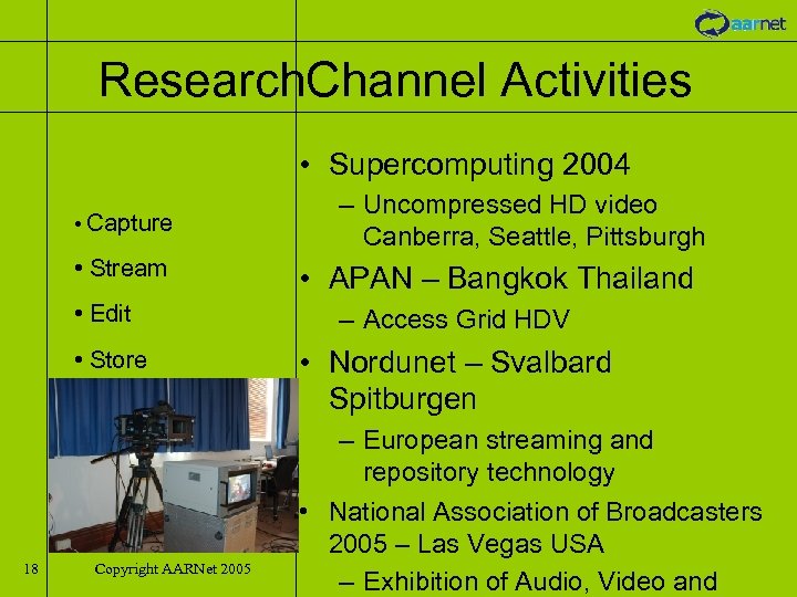 Research. Channel Activities • Supercomputing 2004 • Capture • Stream • Edit • Store