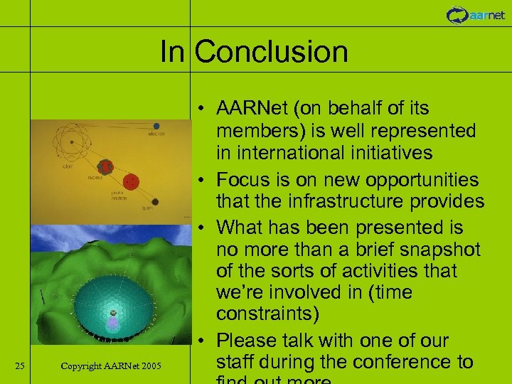 In Conclusion 25 Copyright AARNet 2005 • AARNet (on behalf of its members) is