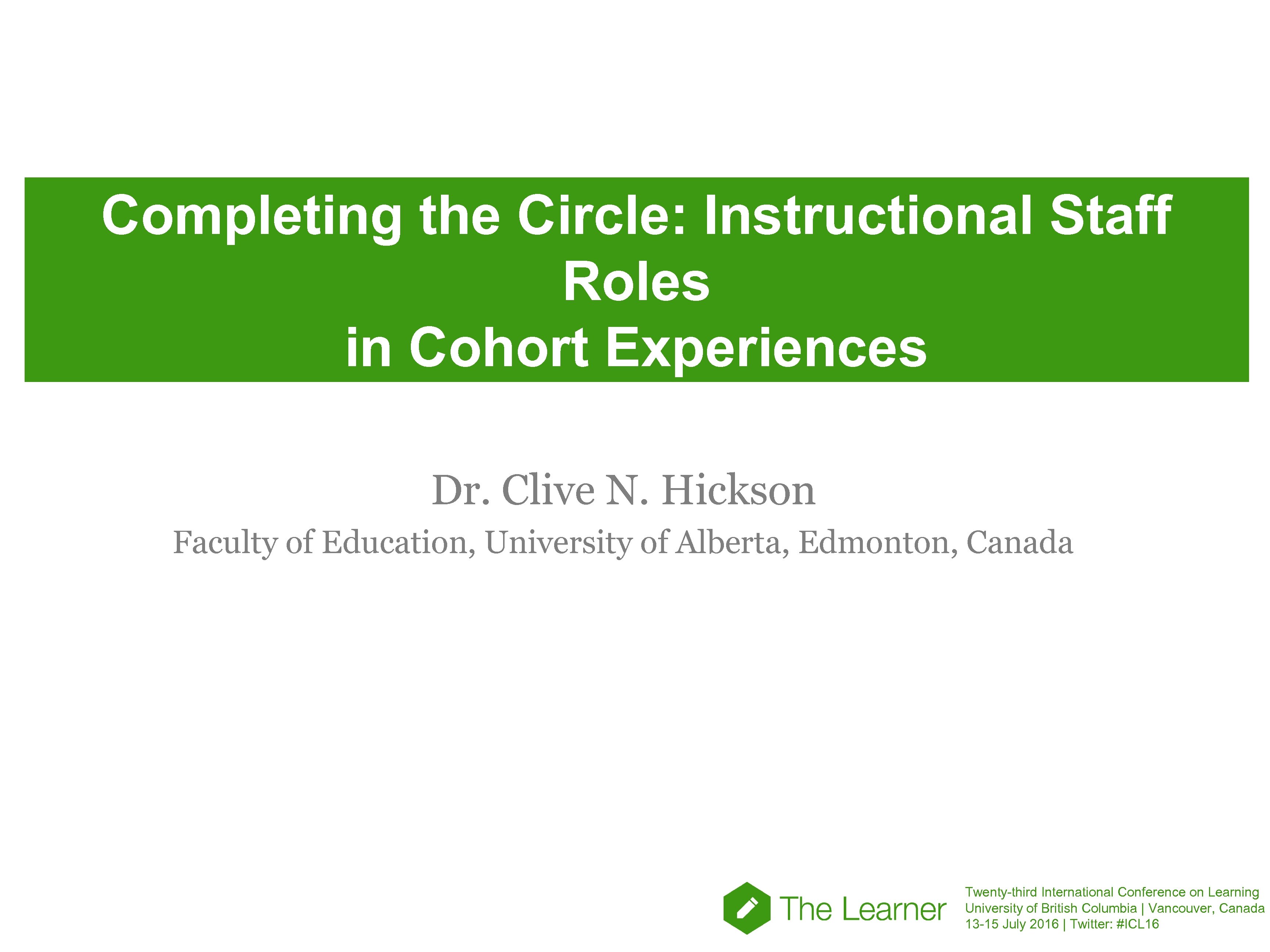 Completing the Circle: Instructional Staff Roles in Cohort Experiences Dr. Clive N. Hickson Faculty