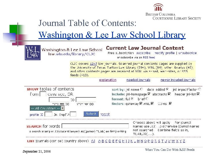 Journal Table of Contents: Washington & Lee Law School Library September 21, 2006 What