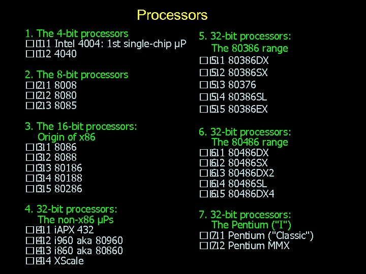 Processors 1. The 4 -bit processors Intel 4004: 1 st single-chip µP 1. 1