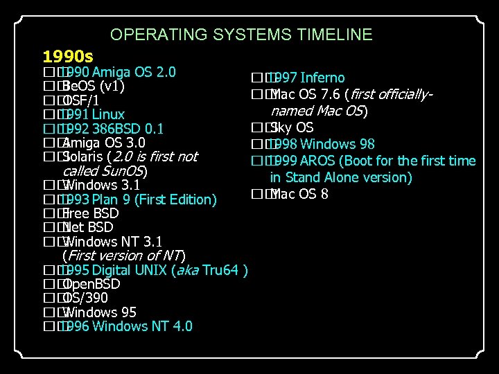 OPERATING SYSTEMS TIMELINE 1990 s 1990 Amiga OS 2. 0 Be. OS (v 1)