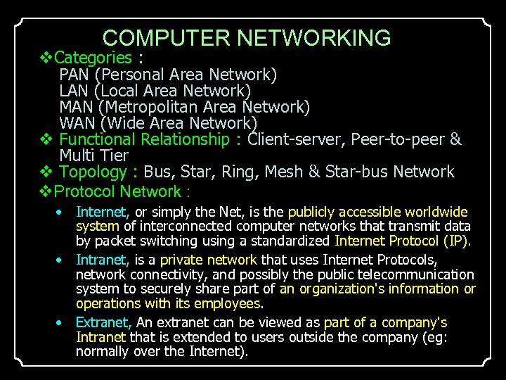 COMPUTER NETWORKING Categories : PAN (Personal Area Network) LAN (Local Area Network) MAN (Metropolitan