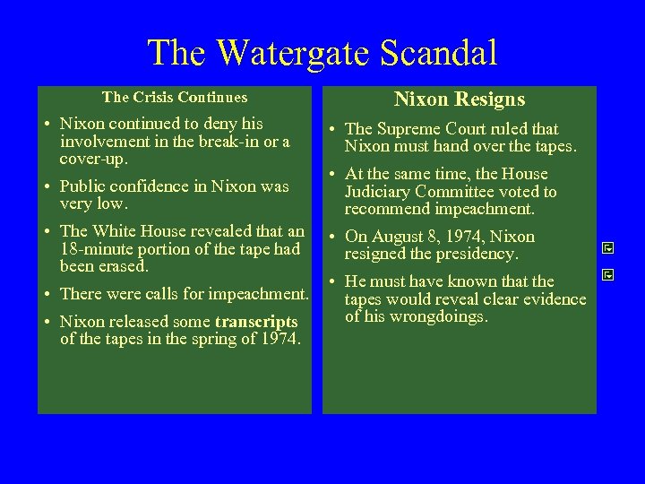 The Watergate Scandal The Crisis Continues • Nixon continued to deny his involvement in
