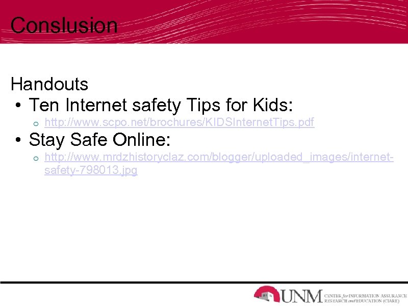 Conslusion Handouts • Ten Internet safety Tips for Kids: o http: //www. scpo. net/brochures/KIDSInternet.