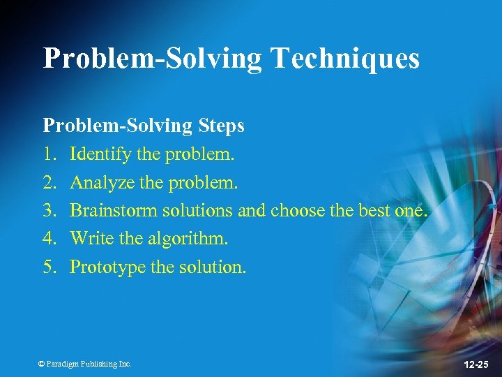 Problem-Solving Techniques Problem-Solving Steps 1. 2. 3. 4. 5. Identify the problem. Analyze the
