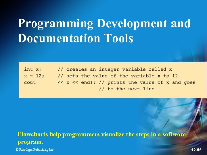 Programming Development and Documentation Tools Flowcharts help programmers visualize the steps in a software