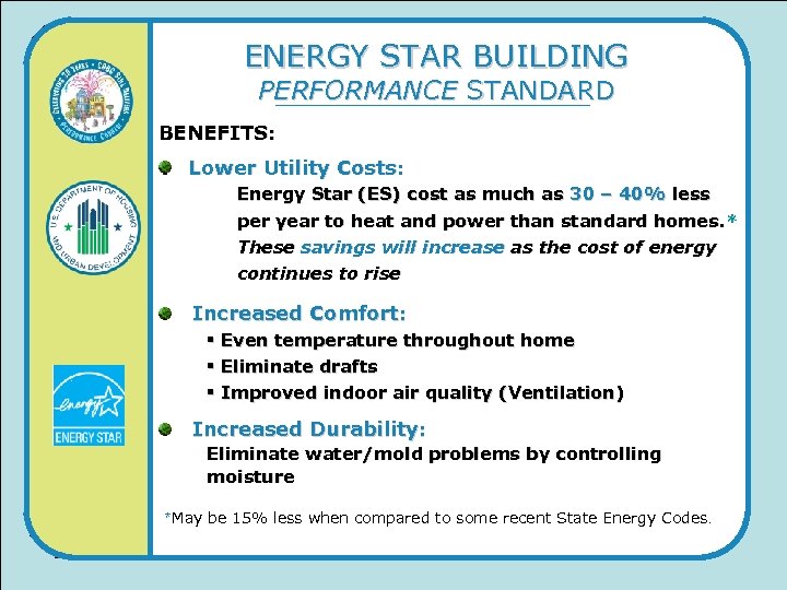 ENERGY STAR BUILDING PERFORMANCE STANDARD BENEFITS: Lower Utility Costs: Energy Star (ES) cost as