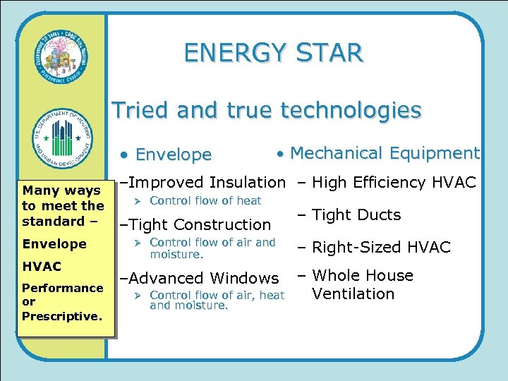ENERGY STAR Tried and true technologies • Envelope Many ways to meet the standard
