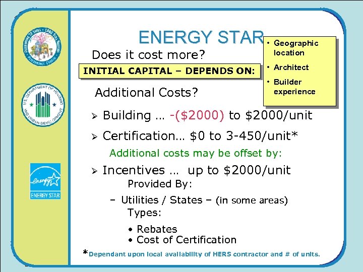 ENERGY STAR • Geographic Does it cost more? INITIAL CAPITAL – DEPENDS ON: Additional