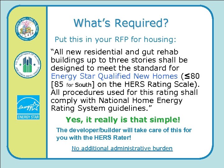 What’s Required? Put this in your RFP for housing: “All new residential and gut