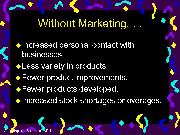 Without Marketing. . . u Increased personal contact with businesses. u Less variety in