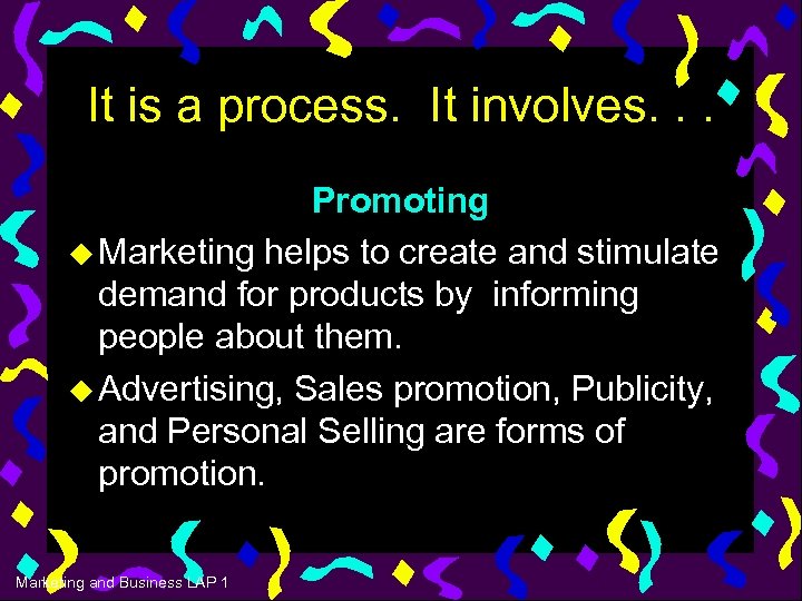 It is a process. It involves. . . Promoting u Marketing helps to create