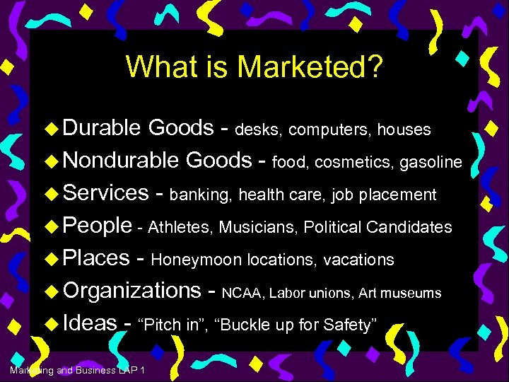 What is Marketed? u Durable Goods - desks, computers, houses u Nondurable Goods -