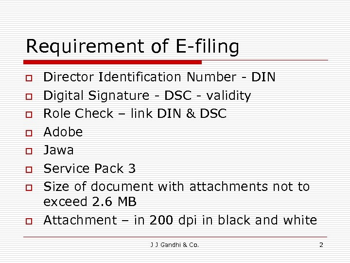 Requirement of E-filing o o o o Director Identification Number - DIN Digital Signature