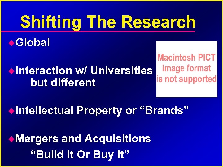 Shifting The Research Global Interaction w/ Universities but different Intellectual Mergers Property or “Brands”