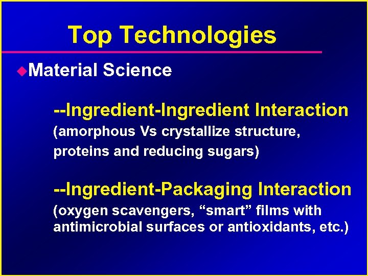 Top Technologies Material Science --Ingredient Interaction (amorphous Vs crystallize structure, proteins and reducing sugars)