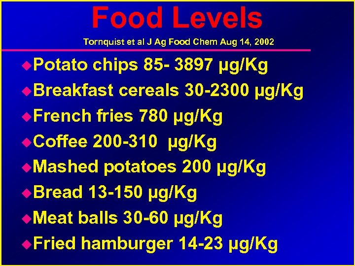 Food Levels Tornquist et al J Ag Food Chem Aug 14, 2002 Potato chips