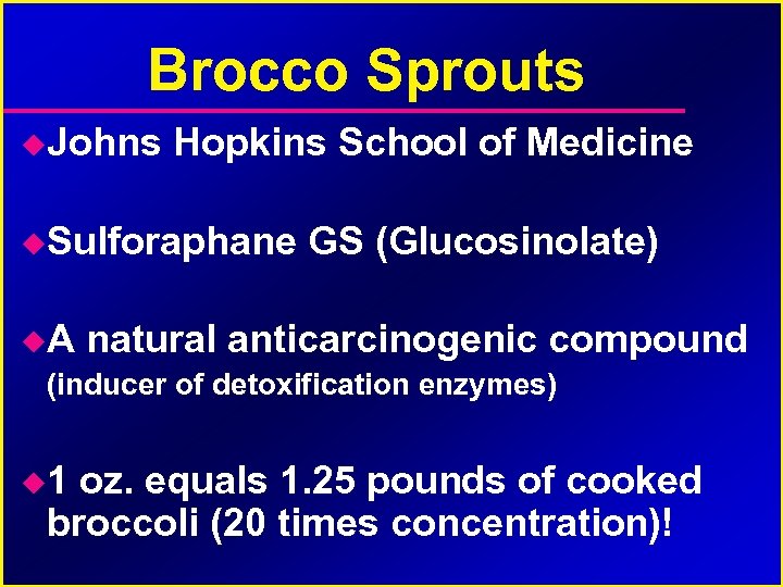 Brocco Sprouts Johns Hopkins School of Medicine Sulforaphane GS (Glucosinolate) A natural anticarcinogenic compound