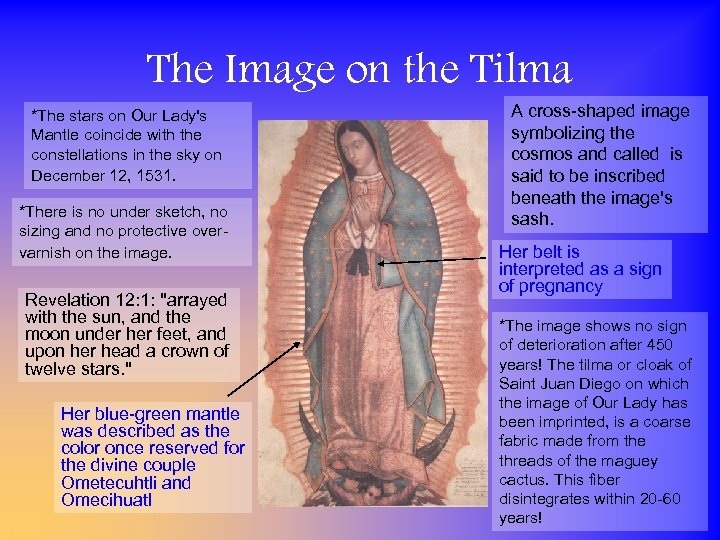 The Image on the Tilma *The stars on Our Lady's Mantle coincide with the