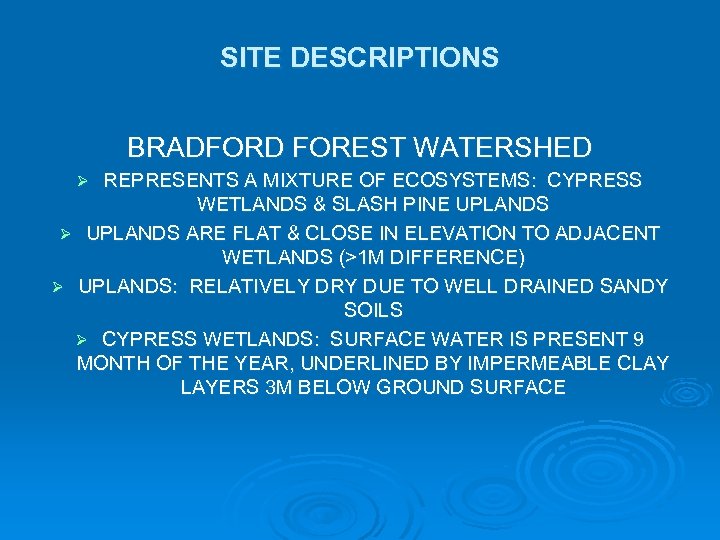 SITE DESCRIPTIONS BRADFORD FOREST WATERSHED REPRESENTS A MIXTURE OF ECOSYSTEMS: CYPRESS WETLANDS & SLASH