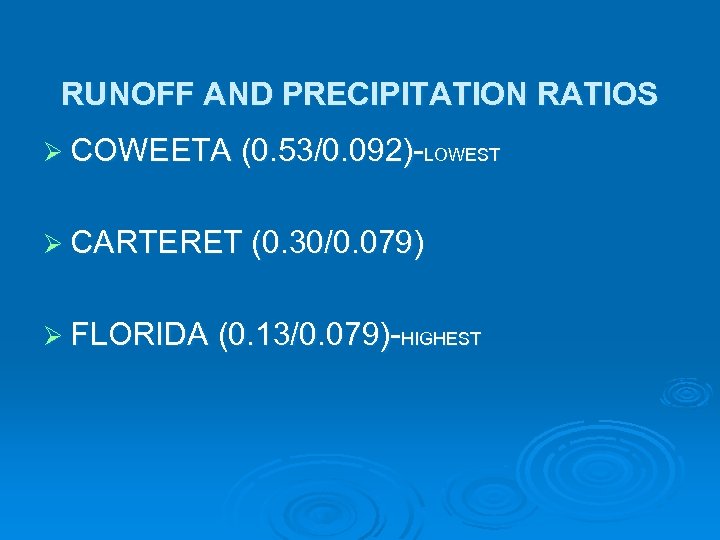 RUNOFF AND PRECIPITATION RATIOS Ø COWEETA (0. 53/0. 092)-LOWEST Ø CARTERET (0. 30/0. 079)