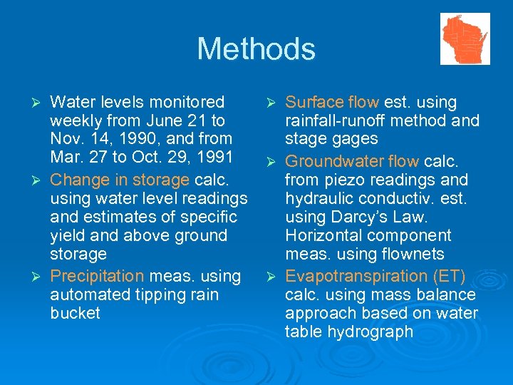 Methods Water levels monitored weekly from June 21 to Nov. 14, 1990, and from