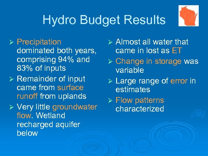 Hydro Budget Results Precipitation dominated both years, comprising 94% and 83% of inputs Ø
